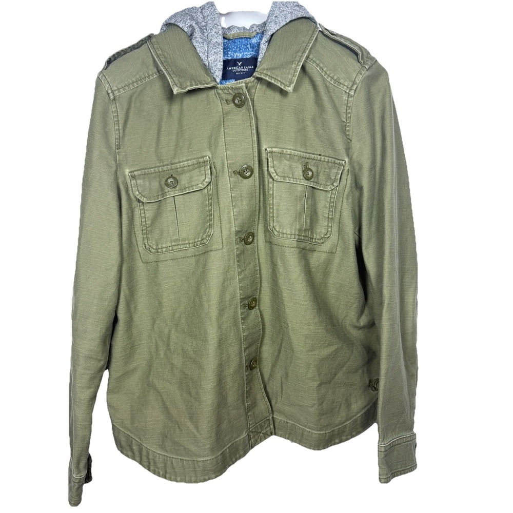 American Eagle Military Utility Jacket Womens Medium Olive Hooded Mechanical Y2K